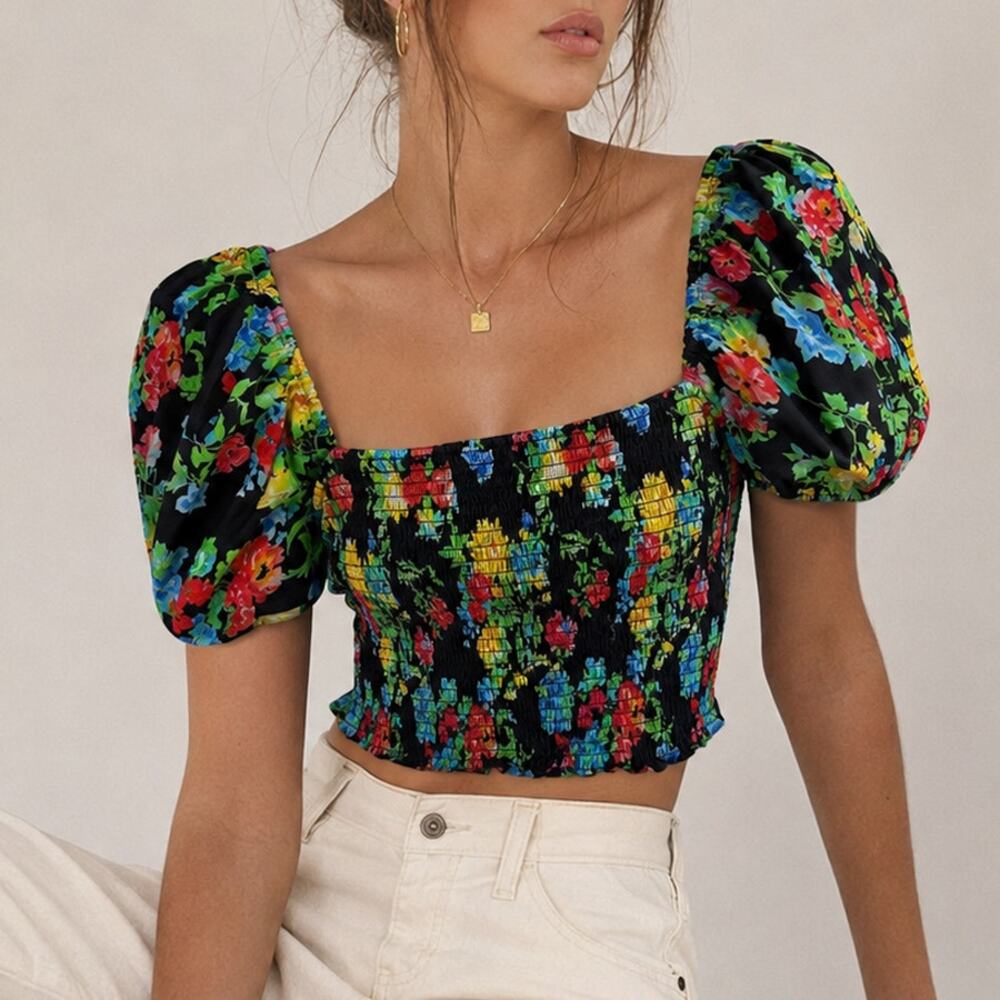 Caroline Constas Floral Smocked Puff Sleeve Crop Top Size Mf